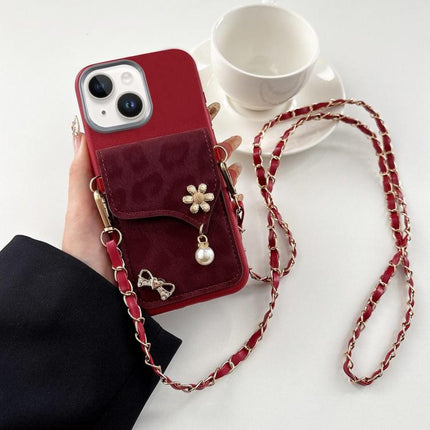 Leather Leopard Print Card Bag Phone Case with Crossbody Chain, For iPhone 15 Plus, For iPhone 15