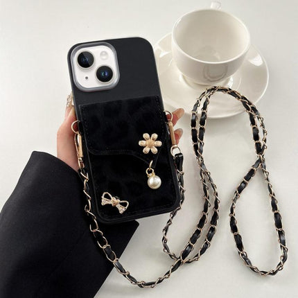 Leather Leopard Print Card Bag Phone Case with Crossbody Chain, For iPhone 15 Plus, For iPhone 15