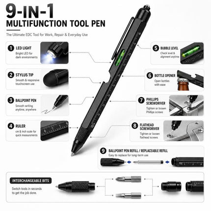 9-in-1 Multifunctional Tool Pen Bottle Opener Metal Ballpoint Pen