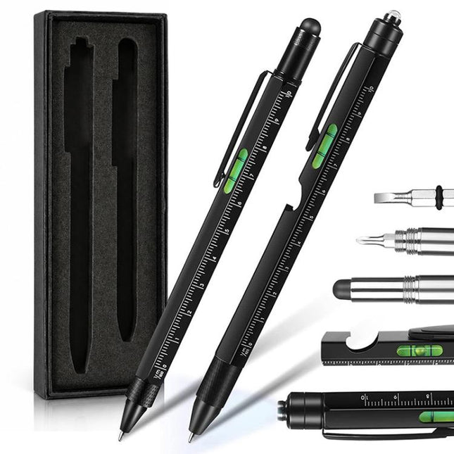 Multifunctional Metal Ballpoint Tool Pen Gift Set with Light, Bottle Opener, Stylus, and Ruler, Lid and Base Box, Color Box