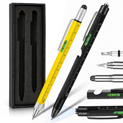Multifunctional Metal Ballpoint Tool Pen Gift Set with Light, Bottle Opener, Stylus, and Ruler, Lid and Base Box, Color Box