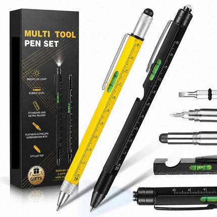 Multifunctional Metal Ballpoint Tool Pen Gift Set with Light, Bottle Opener, Stylus, and Ruler, Lid and Base Box, Color Box