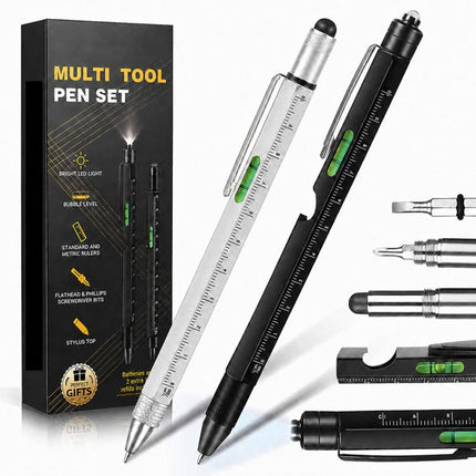 Multifunctional Metal Ballpoint Tool Pen Gift Set with Light, Bottle Opener, Stylus, and Ruler, Lid and Base Box, Color Box