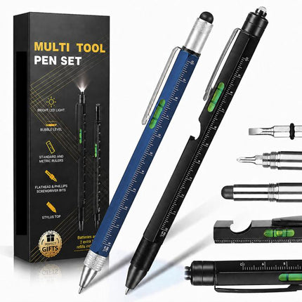Multifunctional Metal Ballpoint Tool Pen Gift Set with Light, Bottle Opener, Stylus, and Ruler, Lid and Base Box, Color Box