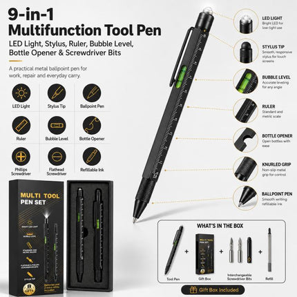 Multifunctional Metal Ballpoint Tool Pen Gift Set with Light, Bottle Opener, Stylus, and Ruler, Lid and Base Box, Color Box