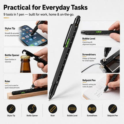Multifunctional Metal Ballpoint Tool Pen Gift Set with Light, Bottle Opener, Stylus, and Ruler, Lid and Base Box, Color Box