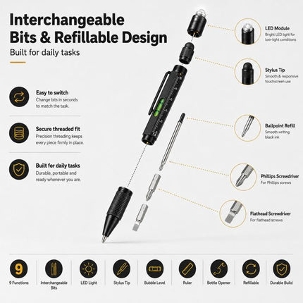 Multifunctional Metal Ballpoint Tool Pen Gift Set with Light, Bottle Opener, Stylus, and Ruler, Lid and Base Box, Color Box
