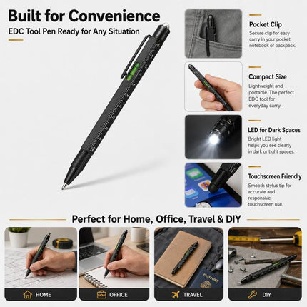 Multifunctional Metal Ballpoint Tool Pen Gift Set with Light, Bottle Opener, Stylus, and Ruler, Lid and Base Box, Color Box