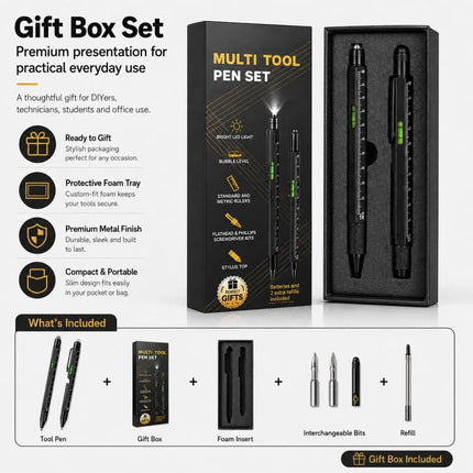 Multifunctional Metal Ballpoint Tool Pen Gift Set with Light, Bottle Opener, Stylus, and Ruler, Lid and Base Box, Color Box