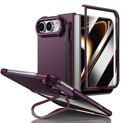 Integrated Skin Feel Lens Folding Holder Pen Slot Shockproof Phone Case with Pen, For iPhone Duo