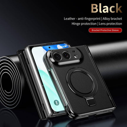 Integrated Metal Folding Holder Hinge Magnetic Leather Phone Case, For iPhone Duo