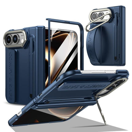 Film Integrated Lens Frame Bracket Phone Case with Wristband / Pen, For iPhone Duo