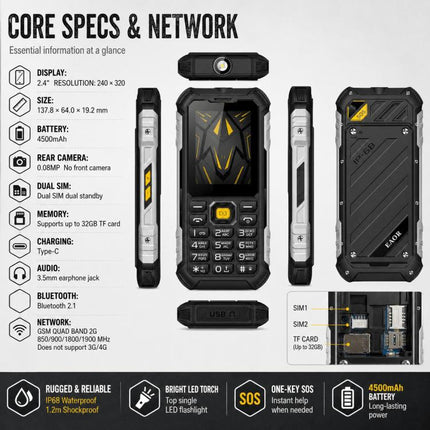 HP220 IP68 Rugged Feature Phone 2.4-inch MTK6261D Processor Supports Dual SIM 2G, 2G