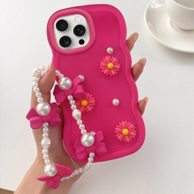 Macaron Color Little Daisy and Pearl Phone Case with Bracelet Chain, For iPhone 15 Pro, For iPhone 15 Plus, For iPhone 15