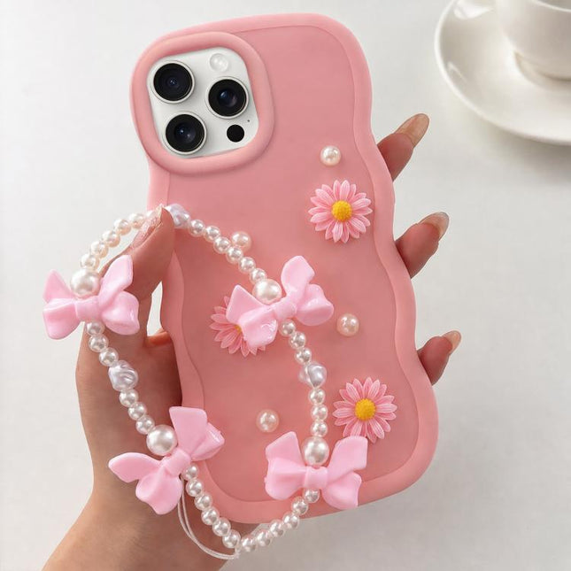 Macaron Color Little Daisy and Pearl Phone Case with Bracelet Chain, For iPhone 15 Pro, For iPhone 15 Plus, For iPhone 15
