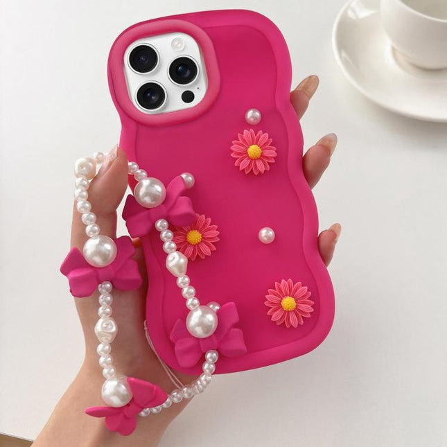 Macaron Color Little Daisy and Pearl Phone Case with Bracelet Chain, For iPhone 16 Pro, For iPhone 16 Plus, For iPhone 16, For iPhone 15 Pro Max