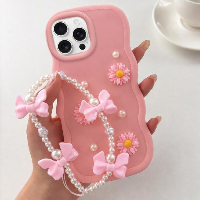 Macaron Color Little Daisy and Pearl Phone Case with Bracelet Chain, For iPhone 16 Pro, For iPhone 16 Plus, For iPhone 16, For iPhone 15 Pro Max