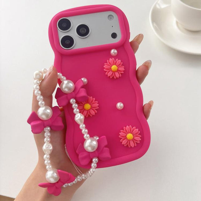 Macaron Color Little Daisy and Pearl Phone Case with Bracelet Chain, For iPhone 17 Pro, For iPhone 17, For iPhone Air, For iPhone 16 Pro Max