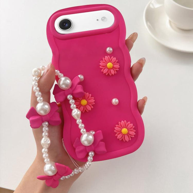 Macaron Color Little Daisy and Pearl Phone Case with Bracelet Chain, For iPhone 17 Pro, For iPhone 17, For iPhone Air, For iPhone 16 Pro Max