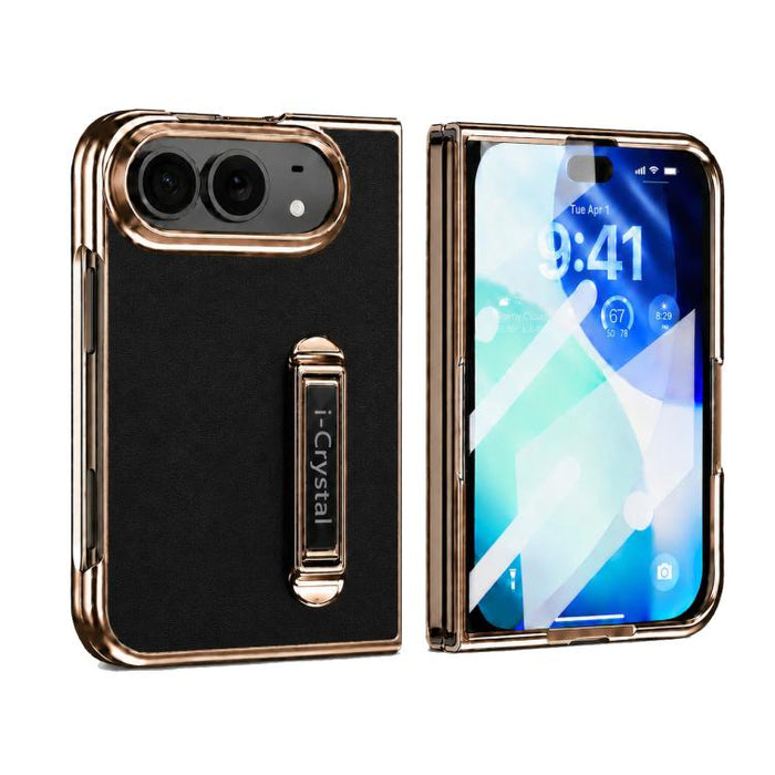 i.Crystal Electroplated Vegan Leather Hidden Kickstand Integrated Film Phone Case, For iPhone Duo