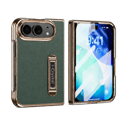 i.Crystal Electroplated Vegan Leather Hidden Kickstand Integrated Film Phone Case, For iPhone Duo