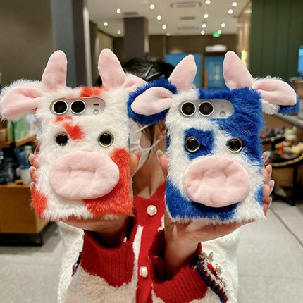 Foldable Plush Dairy Cow TPU Phone Case, For iPhone Duo