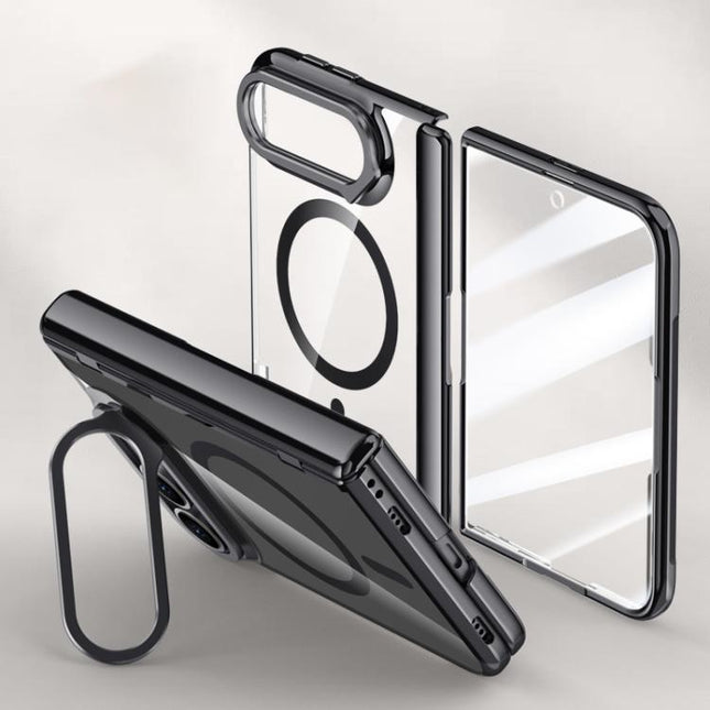 Icebreaking Series Integrated HD Film Electroplated Crystal Clear Center Axis Magnetic Phone Case with Lens Holder, For iPhone Duo