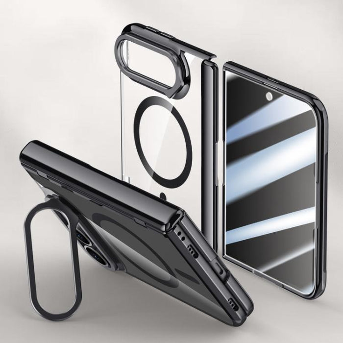 Icebreaking Series Integrated Privacy Film Electroplated Crystal Clear Center Axis Magnetic Phone Case with Lens Holder, For iPhone Duo