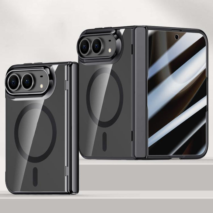 Icebreaking Series Integrated Privacy Film Electroplated Crystal Clear Center Axis Magnetic Phone Case, For iPhone Duo