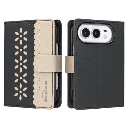 Splicing Color Hollow Flower Pattern RFID Leather Phone Case, For iPhone Duo