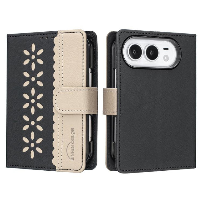 Splicing Color Hollow Flower Pattern RFID Leather Phone Case, For iPhone Duo