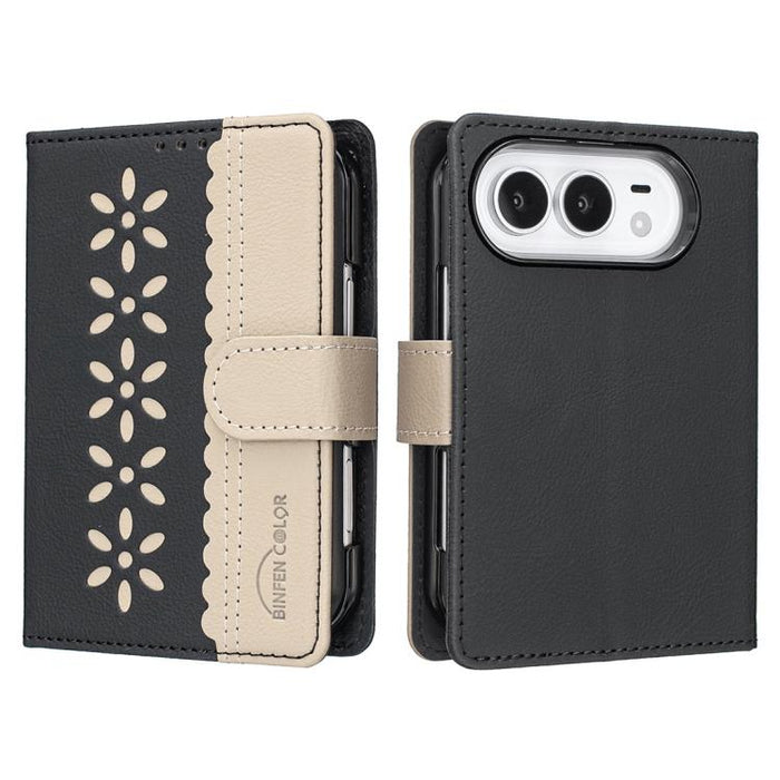Splicing Color Hollow Flower Pattern RFID Leather Phone Case, For iPhone Duo