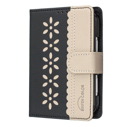 Splicing Color Hollow Flower Pattern RFID Leather Phone Case, For iPhone Duo