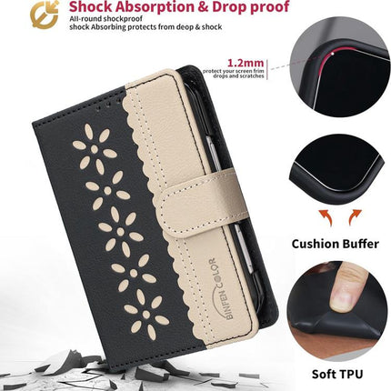 Splicing Color Hollow Flower Pattern RFID Leather Phone Case, For iPhone Duo