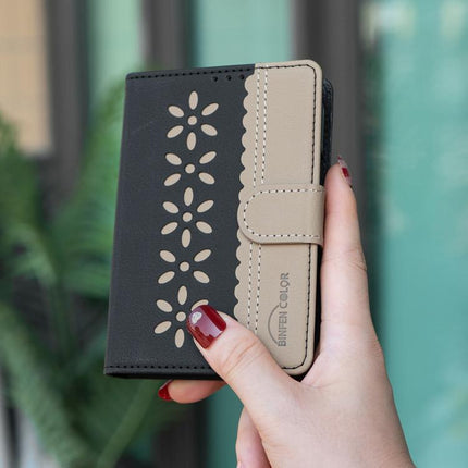 Splicing Color Hollow Flower Pattern RFID Leather Phone Case, For iPhone Duo