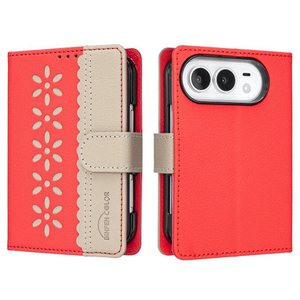 Splicing Color Hollow Flower Pattern RFID Leather Phone Case, For iPhone Duo