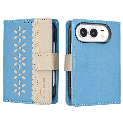 Splicing Color Hollow Flower Pattern RFID Leather Phone Case, For iPhone Duo