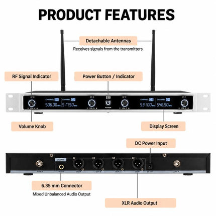 XTUGA CM240 UHF 4-Channel Wireless Conference Microphone System, EU Plug, US Plug, UK Plug, AU Plug