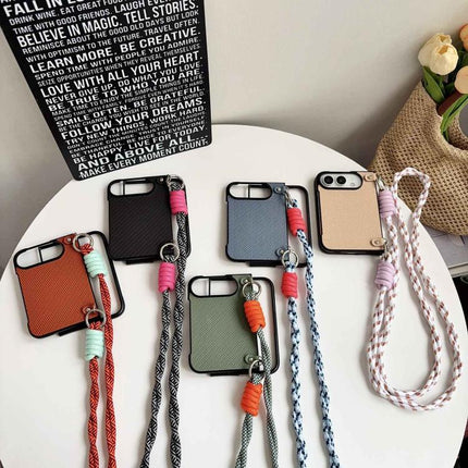 Woven Texture Phone Case With Colorful Lanyard, For iPhone Duo
