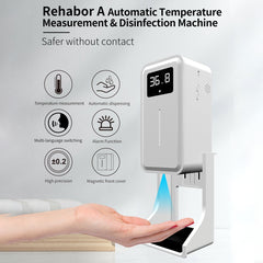 Rehabor A Handsfree Non-contact Body Light-sensitive Distance Sensor Thermometer + 450ml Automatic Non-contact Liquid Soap Spraying Dispenser with Base Mount