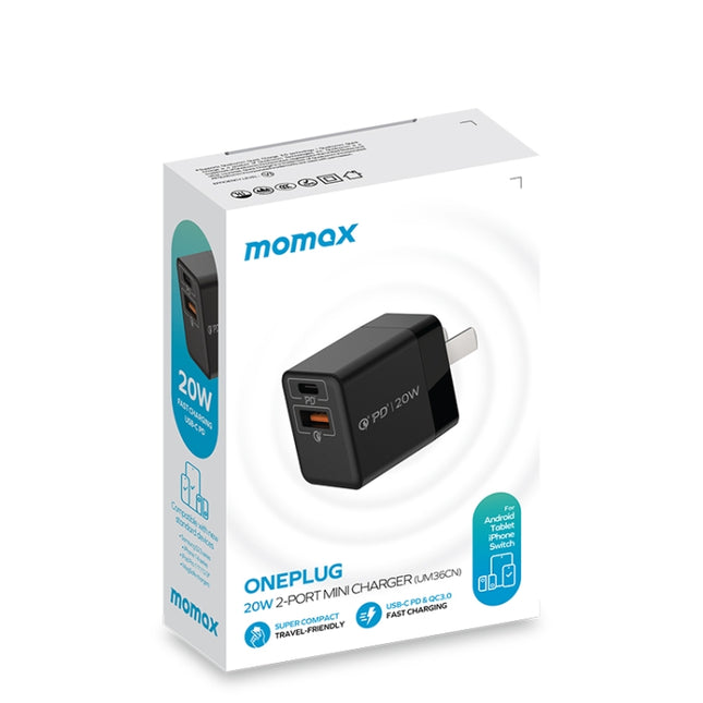 Adaptador de corriente de carga rápida USB-C/Tipo-C + USB MOMAX UM36 PD de 20 W, enchufe CN, UM36
