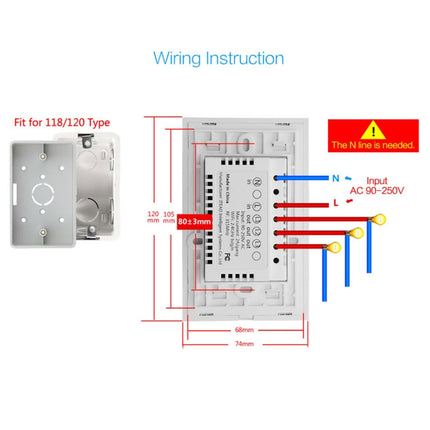 WS-US-02 EWeLink APP & Touch Control 2A 2 Gangs Tempered Glass Panel Smart Wall Switch, AC 90V-250V, US Plug, 2 Gangs