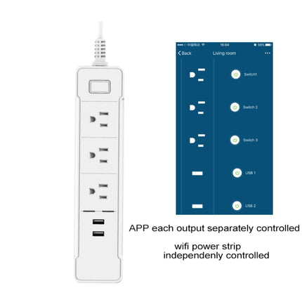 C198B 2 USB Ports + 3 US Sockets WiFi Smart Power Plug Socket, Compatible with Alexa and Google Home, AC 110V-240V, US Plug, White