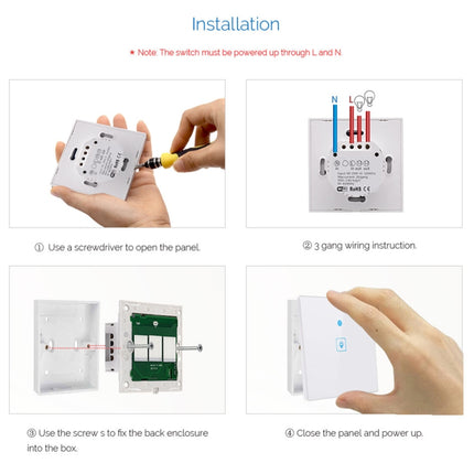 Interruptor de pared inteligente con panel de vidrio templado de 3 entradas y control táctil con aplicación EWeLink WS-EU-03, 2 A, CA 90 V-250 V, enchufe de la UE, 3 entradas