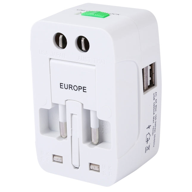 Convertidor universal multifunción de viaje de 110-250 V con dos interfaces USB, enchufe UE/Reino Unido/EE. UU./AU