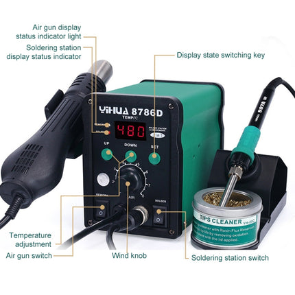 YIHUA 8786D 2 in 1 AC 220V LED Display Adjustable Temperature Hot Air Gun + Solder Station & Soldering Iron, 8786D