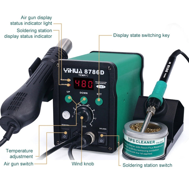 YIHUA 8786D 2 in 1 AC 220V LED Display Adjustable Temperature Hot Air Gun + Solder Station & Soldering Iron, 8786D