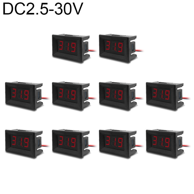 10 PCS 0.36 inch 2 Wires Digital Voltage Meter with Shell, Color Light Display, Measure Voltage: DC 2.5-30V