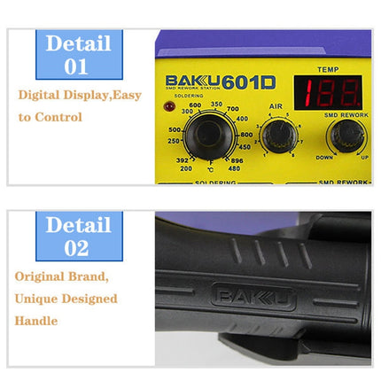 BAKU BK-601D AC 220V LED Display 2 in 1 Hot Air Gun Soldering Iron Soldering Station, BK-601D AC 220V