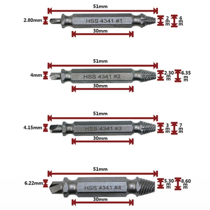 4 in 1 Screw Extractor Drill Bits Tool Broken Bolt Remover(1#, 2#, 3#, 4#), with Plastic Case, 4341, s2, Gold s2, Gold 4341